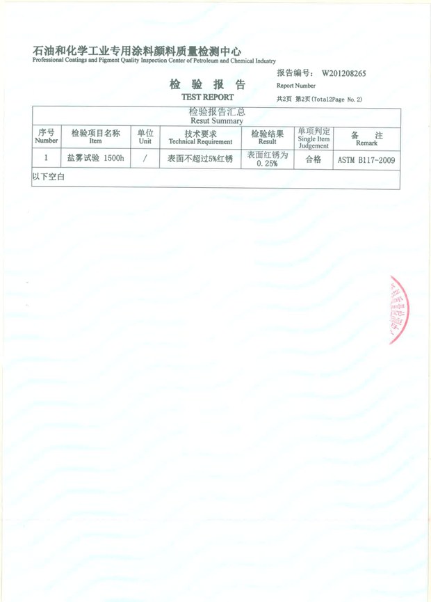 刻力封Climaseal涂层自攻自钻螺钉1500小时盐雾试验报告结果页(CNAS认可实验室,报告编号W201208265)